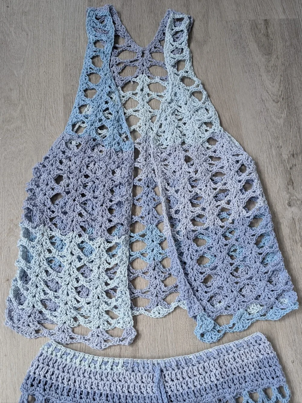 Handmade Boho Festival Crochet Blue Ombré 3-piece Swim Cover Up Set S-M - Picture 5 of 8